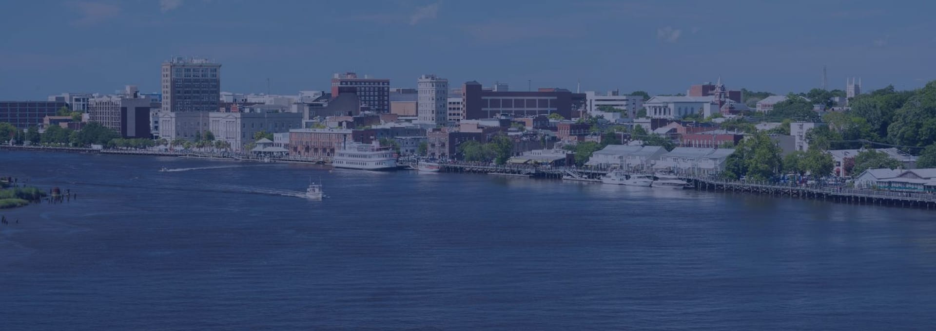 The Wilmington, North Carolina riverfront skyline along the Cape Fear River